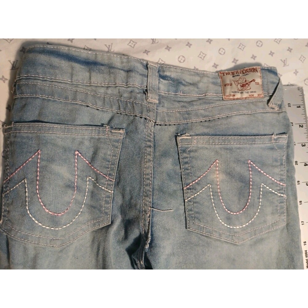 True Religion Jeans Girls 7/8 Small Blue Pink Stitch Becca Bootcut Fit Stretch